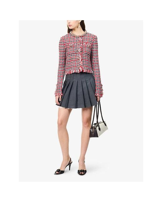 Self-Portrait Red Check Frayed Cotton-Blend Jacket