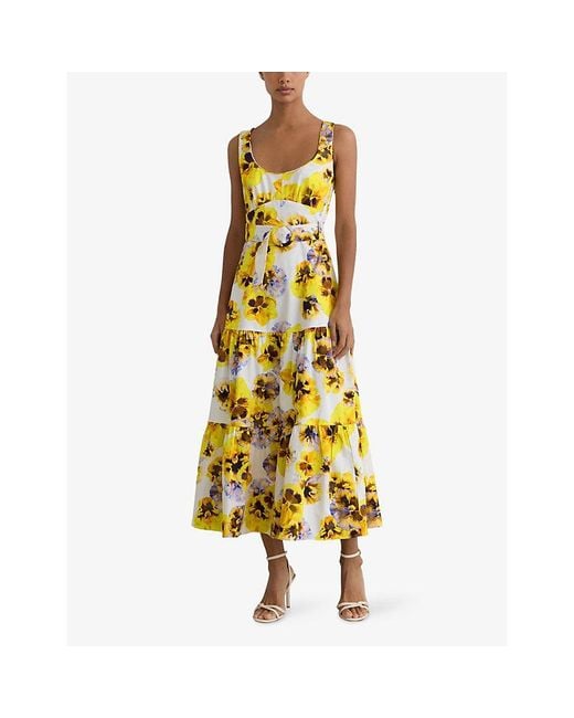 Reiss Yellow Erin Floral-Print Stretch-Cotton Midi Dress