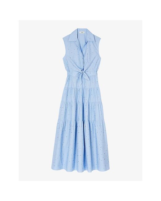 Sandro Blue Rhinestone-embellishment Cotton Midi Dress