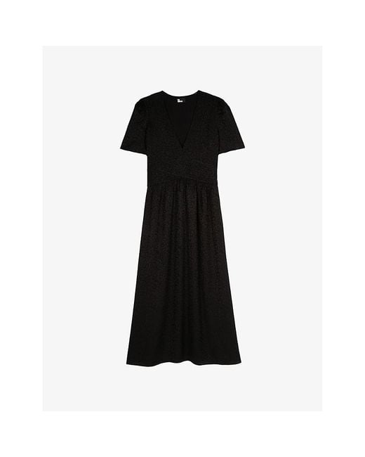 The Kooples Black Leopard-Jacquard V-Neck Woven Midi Dress