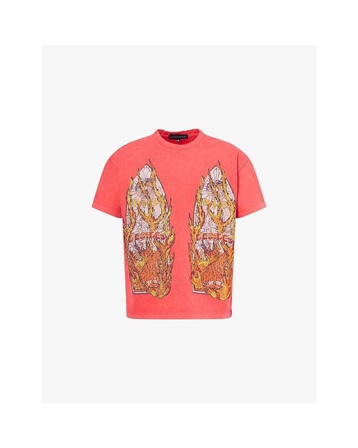 Who Decides War Red Rhinestone Flame-Print Short-Sleeve Cotton T-Shirt for men