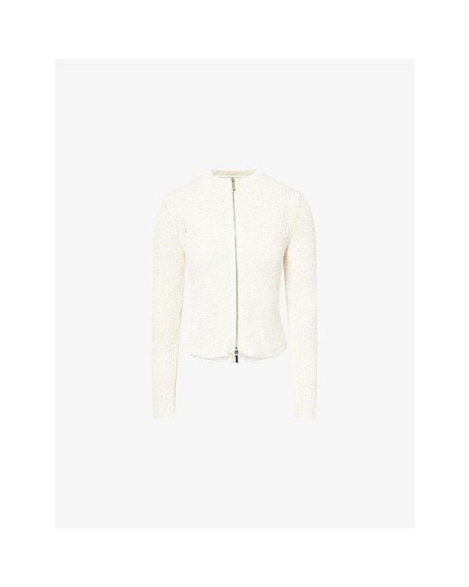 ME+EM White Zip-Up Bouclé Cotton-Knit Cardigan