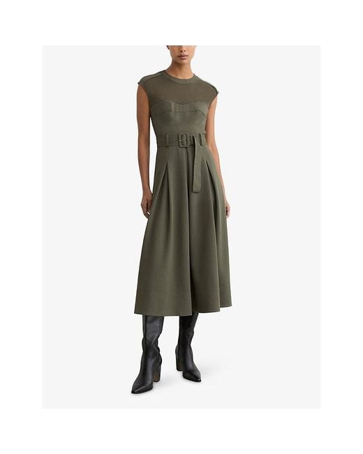 Reiss Green Ava Belted-Waist Stretch-Woven Midi Dress