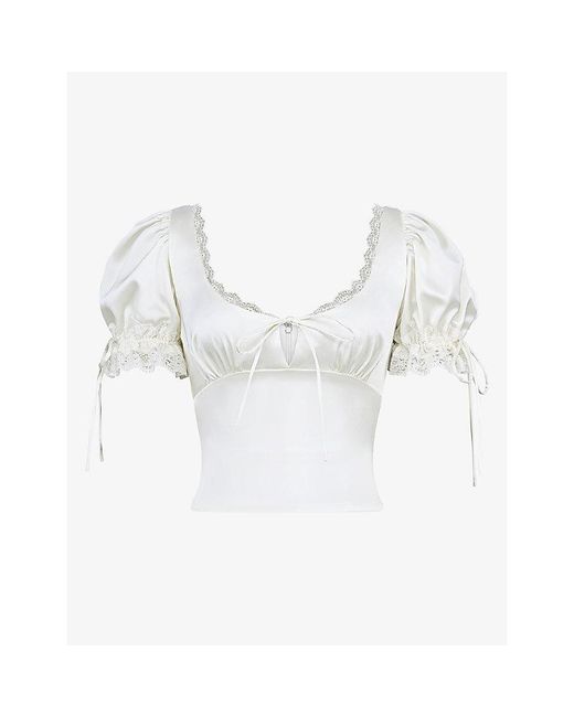 House Of Cb White Elisabetta Puff-Sleeve Lace-Trim Woven Top