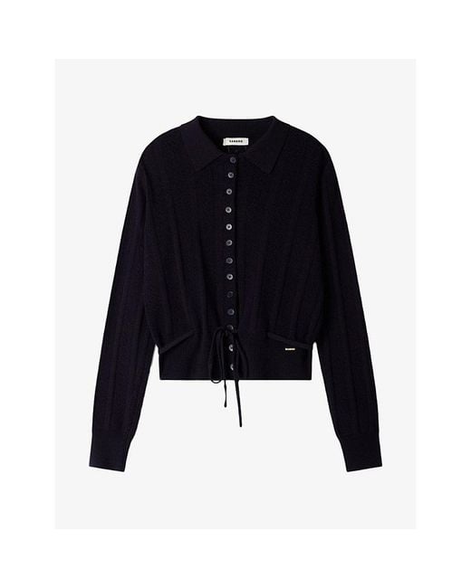 Sandro Black Pointelle-Knit Tie-Waist Wool-Blend Cardigan