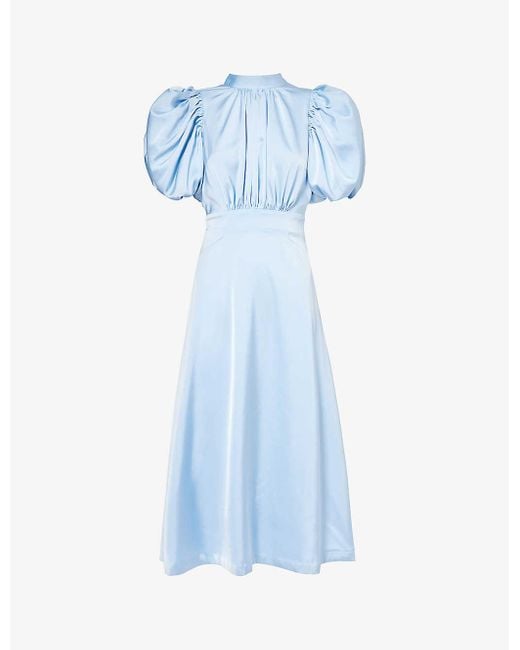 ROTATE BIRGER CHRISTENSEN Blue Puff-sleeve Pleated Satin Midi Dress