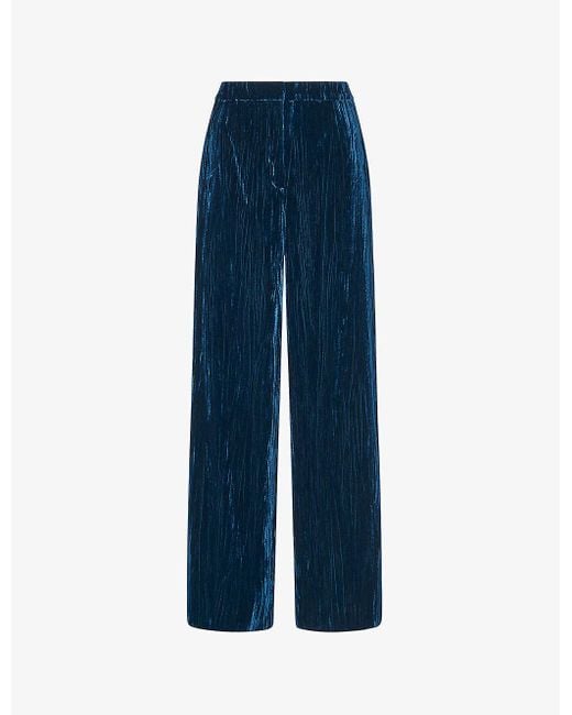 Whistles Blue Crushed Velvet-texture Wide-leg High-rise Recycled-polyester Trousers