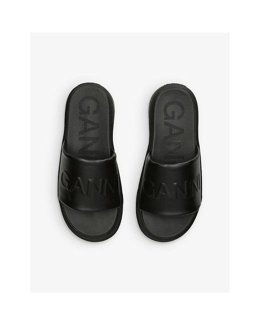 Ganni Black Logo-Embossed Flatform Faux-Leather Sandals