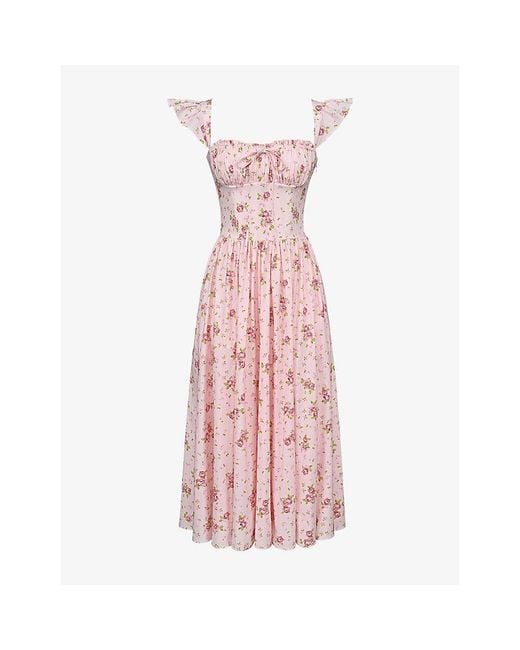 House Of Cb Pink Livia Floral-Print Stretch-Cotton Midi Dress Xs (A-C Cup)