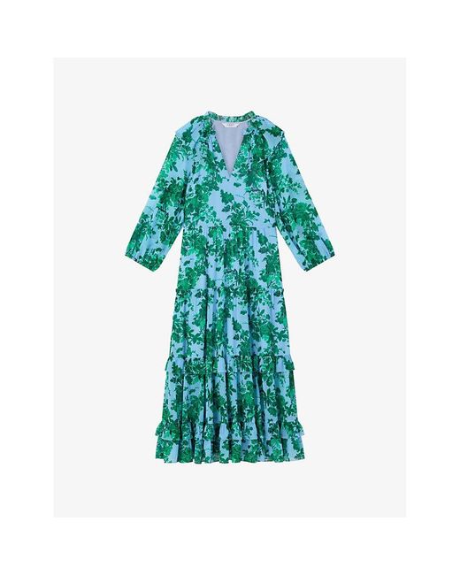L.K.Bennett Blue Eleanor Floral-print Tiered-hem Woven Midi Dress
