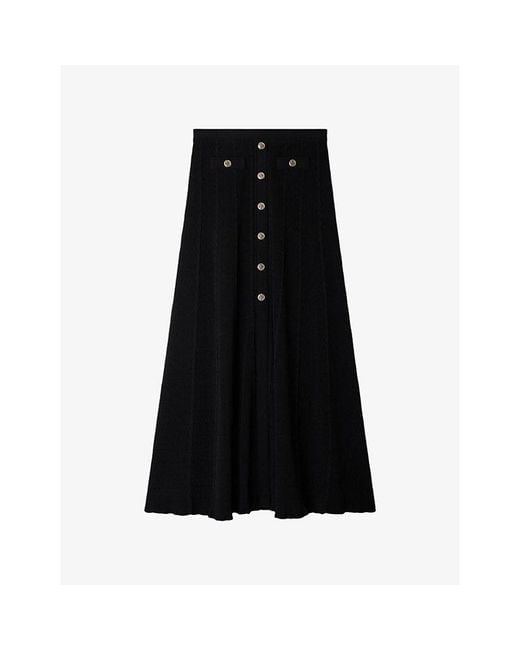 Sandro Black High-Rise Pointelle-Texture Knitted Maxi Skirt