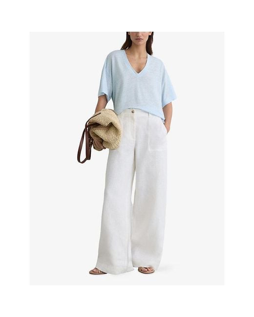 Reiss Blue Ember V-Neck Relaxed-Fit Linen T-Shirt