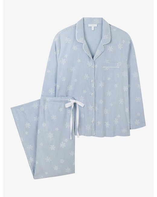 The White Company Blue Snowflake-pattern Brushed-cotton Pyjama Set