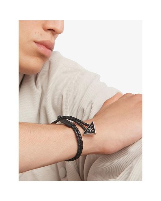 Prada Black Brand-Plaque Braided Leather Bracelet