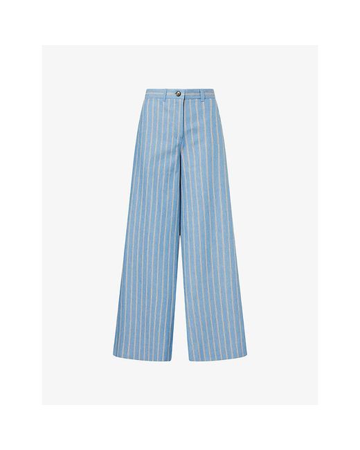 ME+EM Blue Striped Wide-Leg Cotton Trousers