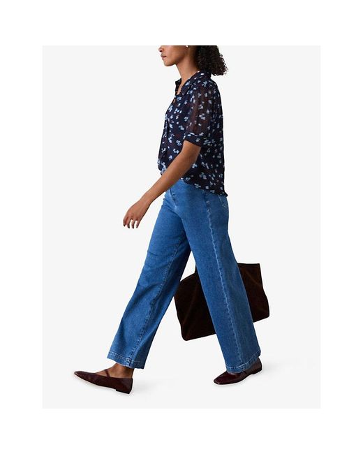 Whistles Blue Floral-Print Short-Sleeve Woven Blouse