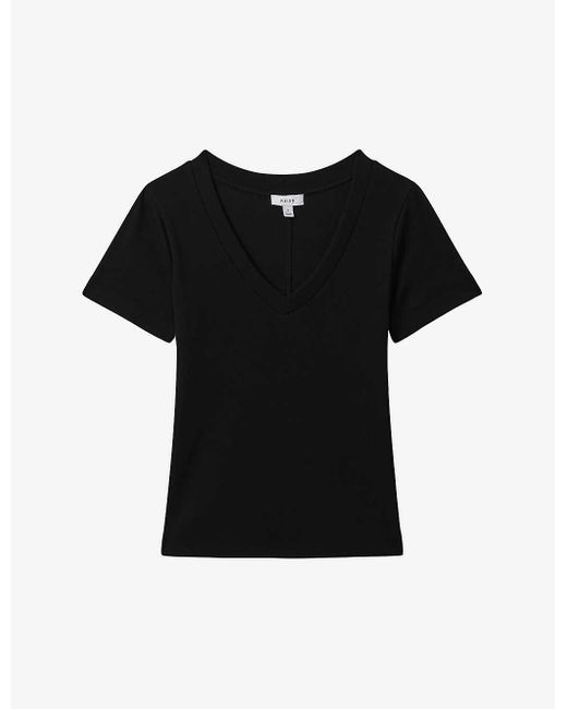 Reiss Black Becca V-neck Short-sleeve Ribbed Cotton T-shirt