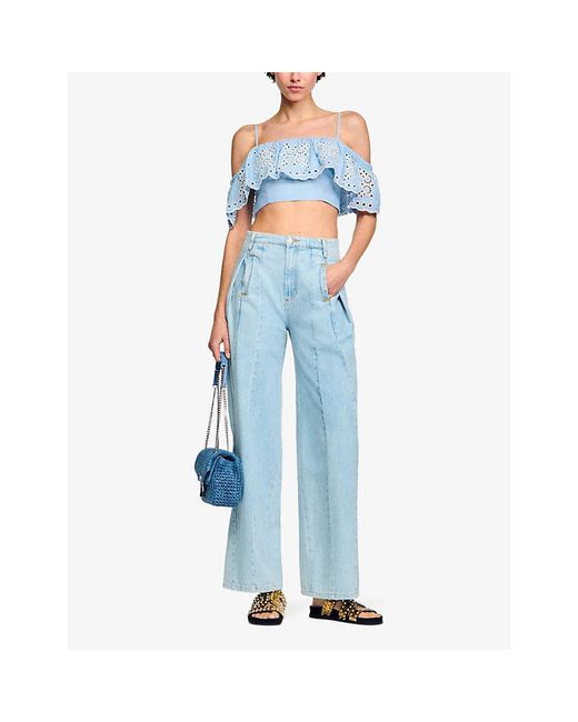 Sandro Blue Ruffle-trim Embroidered Cropped Linen-blend Top