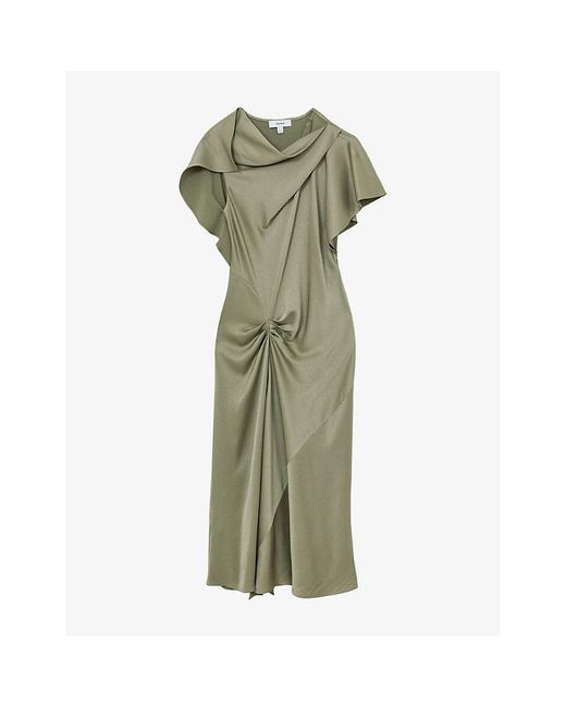 Reiss Green Sasha Drape-Detail Satin Midi Dress