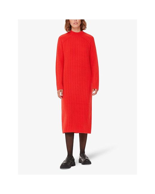 Whistles Red Long-sleeved Ribbed Knitted Midi Dress