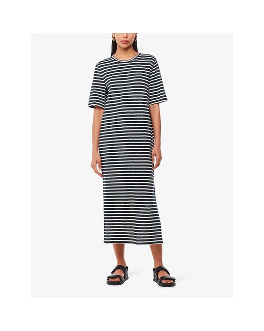 Whistles Blue Stripe-Print Short-Sleeves Cotton Midi Dress