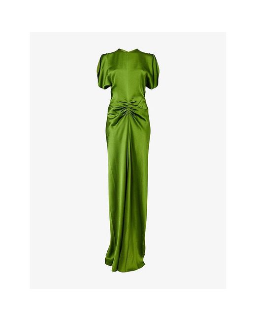 Victoria Beckham Green Isabella Gathered-Waist Satin Maxi Dress