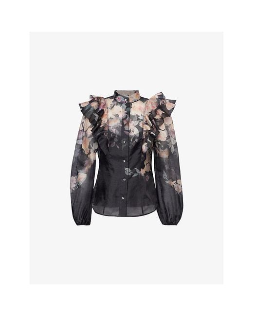Zimmermann Black Crush Frill-Trim Linen-Silk Blend Blouse