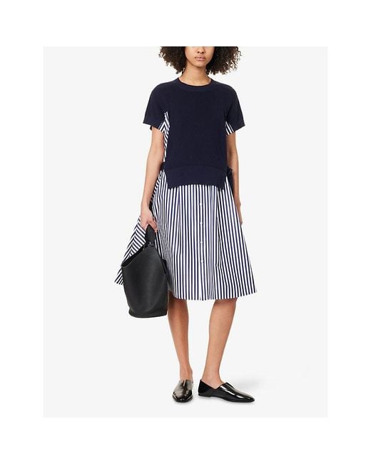Sacai Blue Contrast-Knit Short-Sleeves Cotton-Poplin Maxi Dress