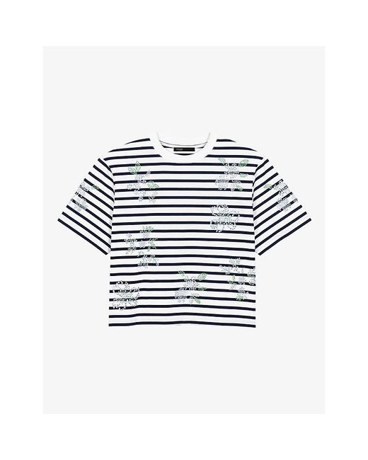 Maje Blue Striped Crystal-Flower Cotton-Jersey T-Shirt
