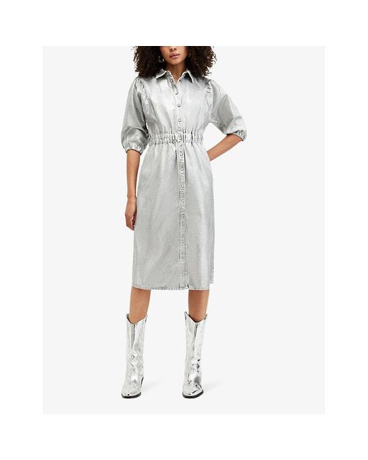 AllSaints Gray Osa Elasticated-waist Metallic Denim Midi Dress