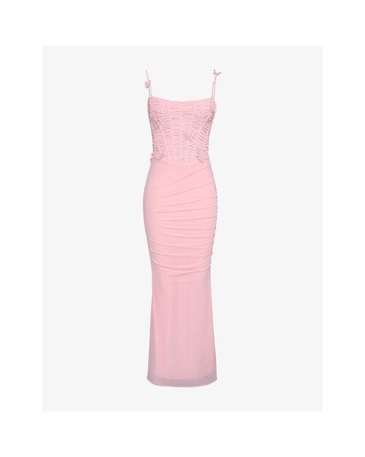 House Of Cb Pink Romola Butterfly Stretch-Mesh Maxi Dress