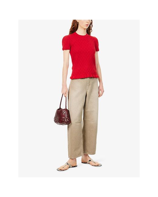 ME+EM Red Smocked Slim-Fit Knitted Cotton-Blend T-Shirt