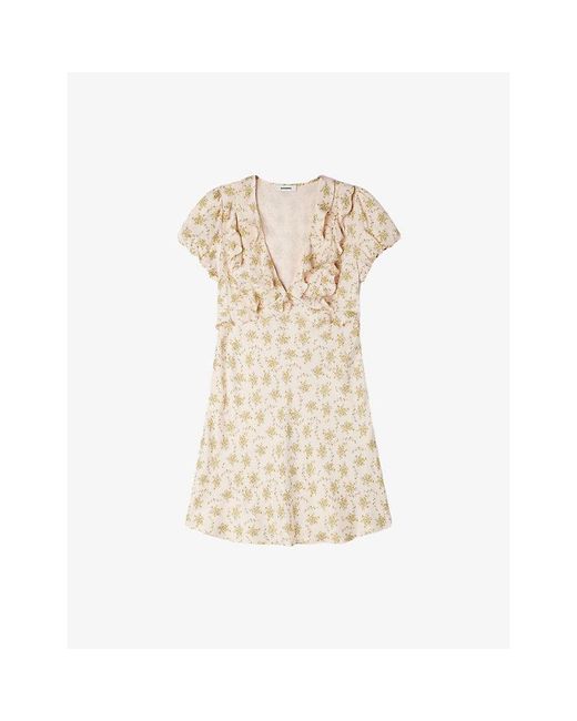 Sandro Natural Floral-Print V-Neck Woven Mini Dress
