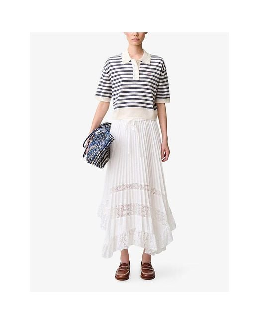 Claudie Pierlot White Asymmetric Floral-Pleat Woven Midi Skirt