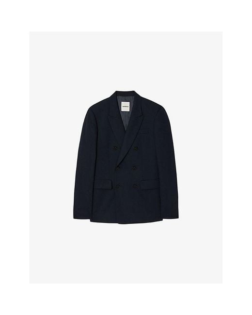 Sandro Blue Regular-Fit Double-Breasted Wool Suit Jacket for men
