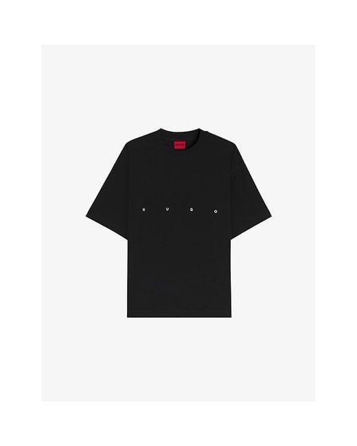 HUGO Black Brand-Print Oversized-Fit Cotton-Jersey T-Shirt for men