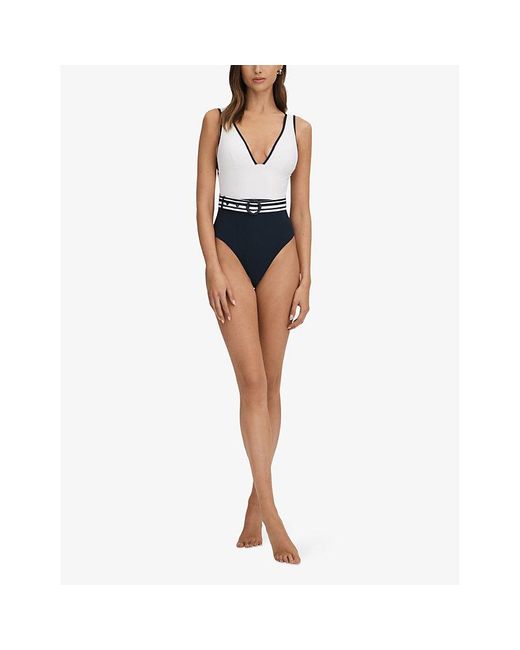 Reiss White/vy Willow Striped-belt Swimsuit