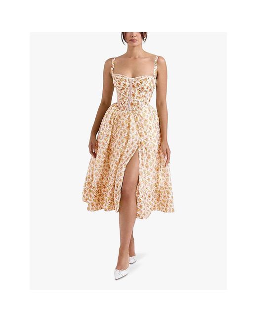 House Of Cb Natural Kelly Floral-Print Corset Midi Dress