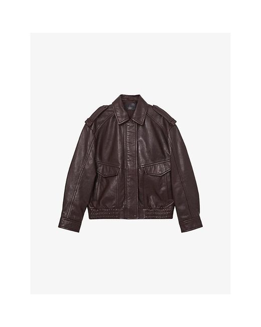 Reiss Brown Peyton Oversized Leather Jacket
