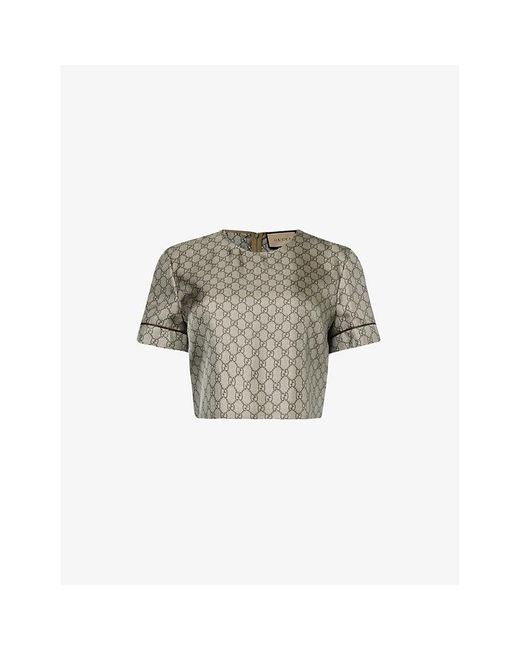 Gucci Gray Monogram-pattern Cropped Silk Top