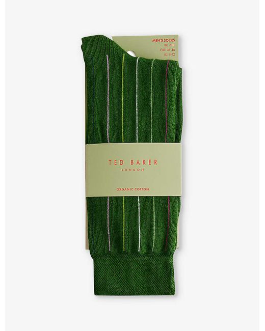 Ted Baker Green Sokkthr Stripe-embroidered Stretch-cotton Socks for men