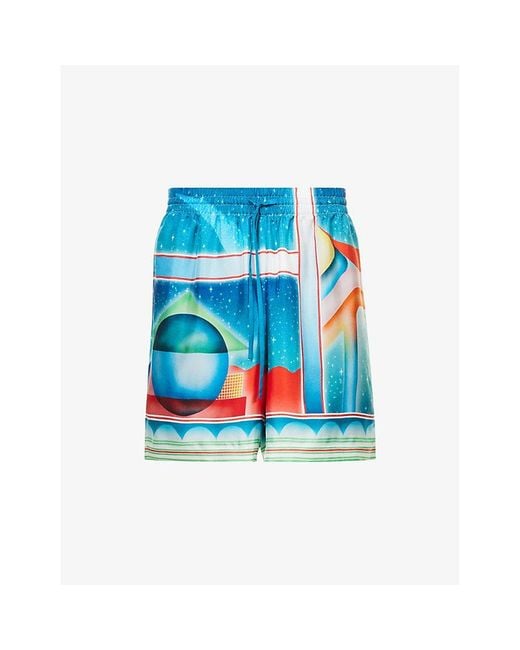 Casablanca Blue Graphic-Print Drawstring Silk Shorts for men