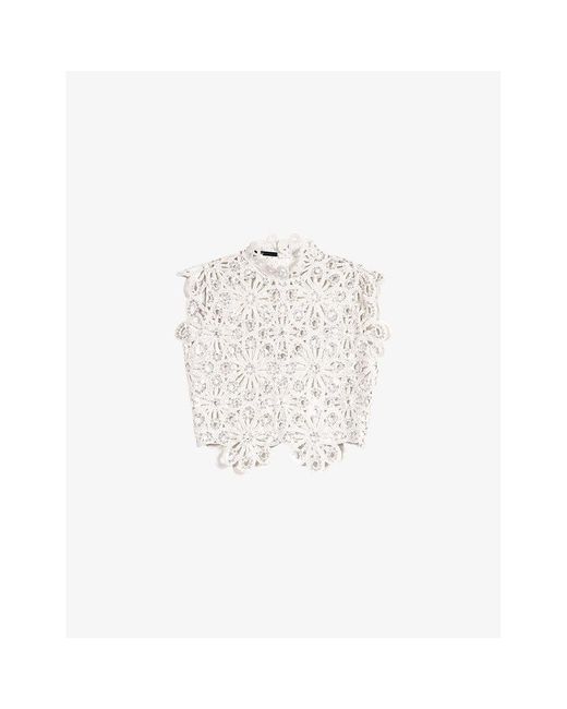 Maje White Floral Sequin-embroidered Crochet-cotton Top