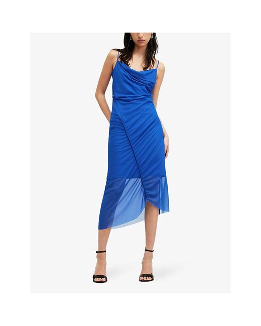 AllSaints Blue Ulla Cowl-neck Draped Recycled Polyester-blend Midi Dress