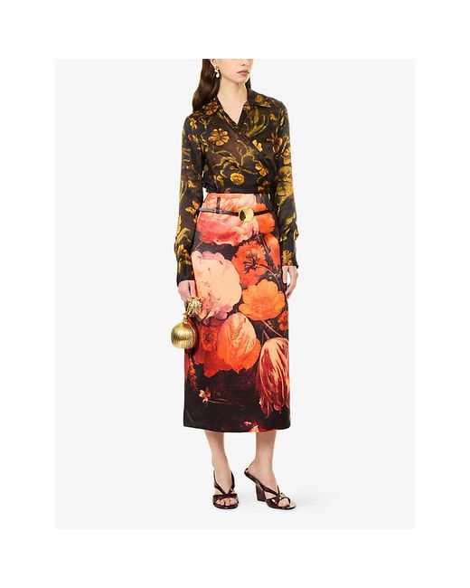 Dries Van Noten Orange Floral-Print Satin Midi Skirt
