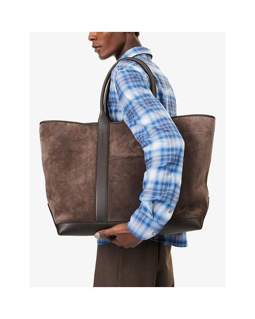 Tom Ford Brown Logo Slip-Pocket Leather-Suede Tote Bag