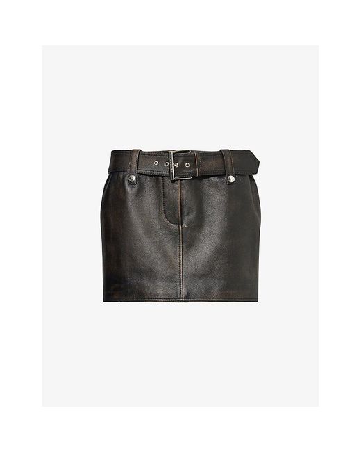 Alexander McQueen Black Distressed Belt-Waist Leather Mini Skirt