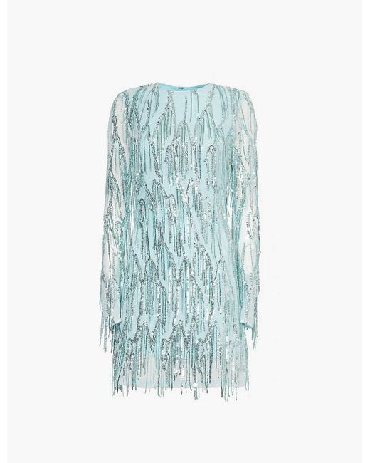 ROTATE BIRGER CHRISTENSEN Blue Water Sequin-Tassel Long-Sleeve Recycled-Polyester Mesh Mini Dress