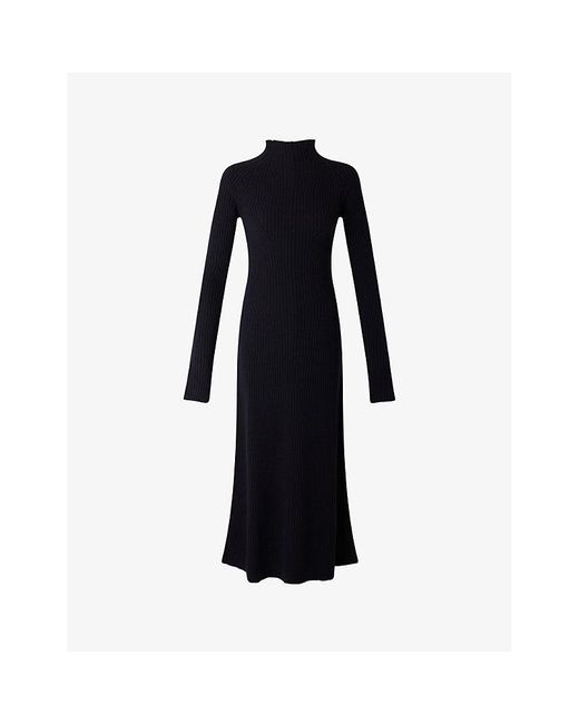 Soeur Black Beatrice Long-Sleeve High-Neck Wool Knitted Midi Dress