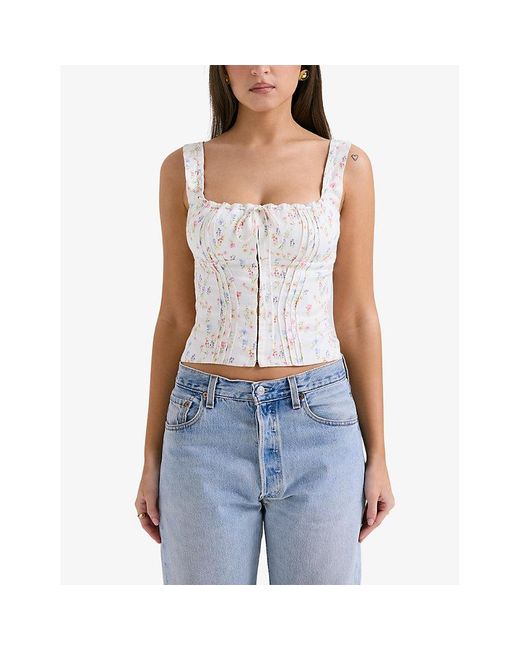 House Of Cb White Chicca Floral-print Woven Corset Top